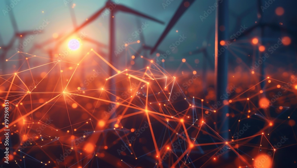 Des éoliennes numériques avec des connexions lumineuses, illustrant le pouvoir de la technologie dans la transition énergétique future et la motivation pour les objectifs de développement durable. Des éoliennes numériques avec des connexions lumineuses, illustrant le pouvoir de la technologie dans la transition énergétique future et la motivation pour les objectifs de développement durable.