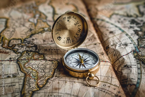 A compass is on a map of the world