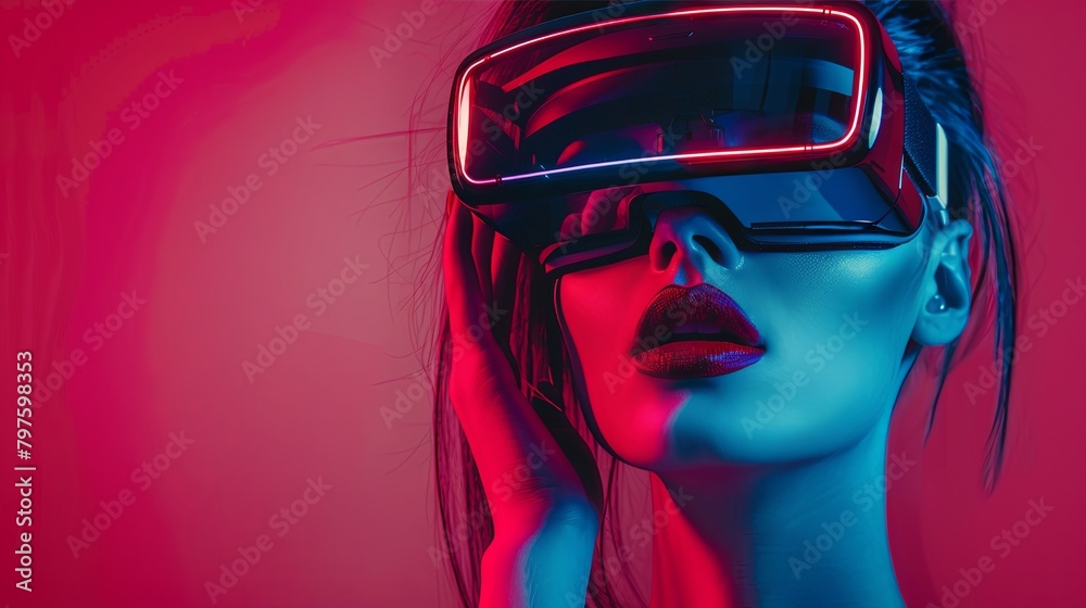 Futuristic young adult with virtual reality headset in neon lighting Futuristic young adult with virtual reality headset in neon lighting