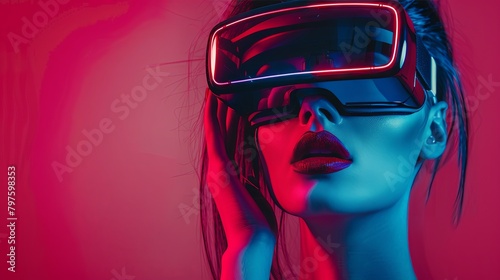 Futuristic young adult with virtual reality headset in neon lighting