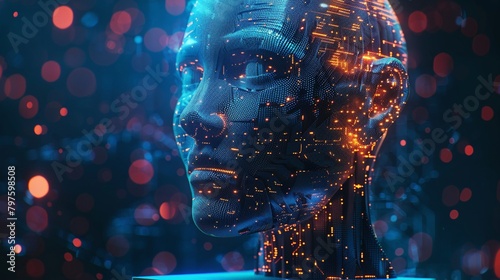 AI or artificial intelligence in image robot head hover over podium in virtual cyberspace Humanoid face of mechanical cyborg with electronic brain or mind Neural network or supercomputer Future photo