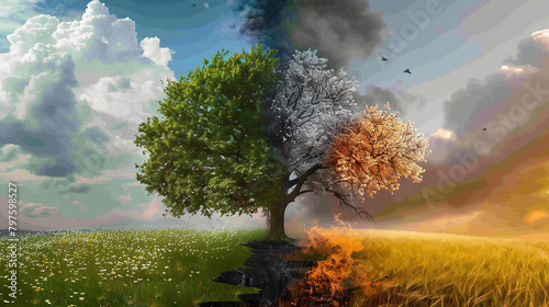 One half shows half a green tree, a meadow with green grass and daisies, a blue sky and white clouds. The other half depicts half a burnt tree, earth cracked by drought and fires