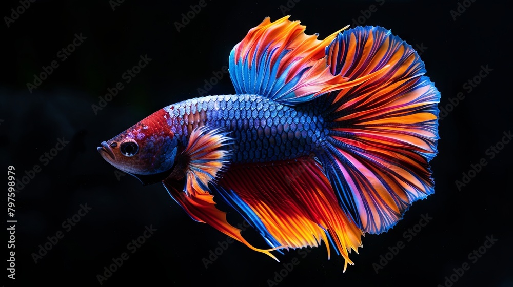 Vibrant betta fish swimming gracefully in a dark aquatic setting Vibrant betta fish swimming gracefully in a dark aquatic setting