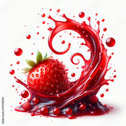 Red berry Jam splash with little bubbles fruit syrup isolated on white background, Fruity strawberry sauce, liquid fluid element flowing, red juice swirl. photo