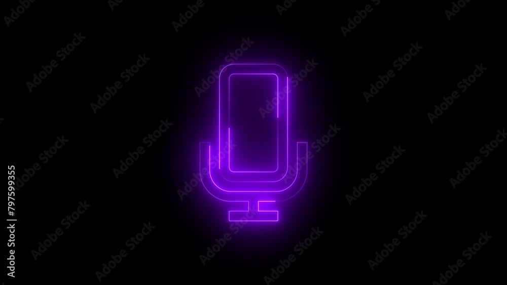 Neon glowing purple color microphone icon on black background animation Neon glowing purple color microphone icon on black background animation