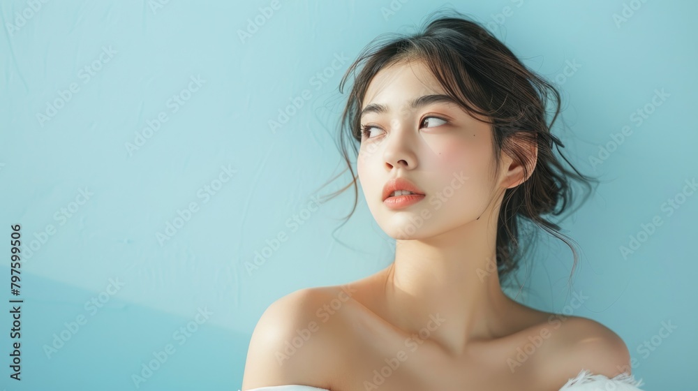 Portrait of beautiful young aisan woman on blue background. Portrait of beautiful young aisan woman on blue background.