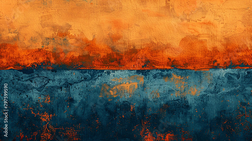 Rust orange and midnight blue gouache painting, enriching room decor with deep color textures. photo
