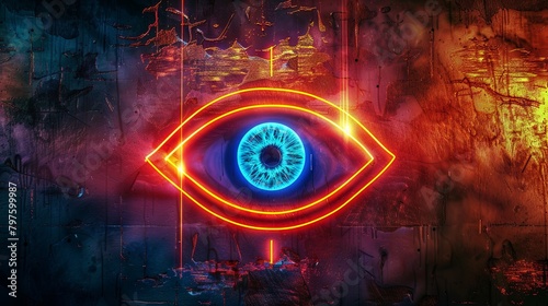 Vibrant neon eye graffiti on urban wall