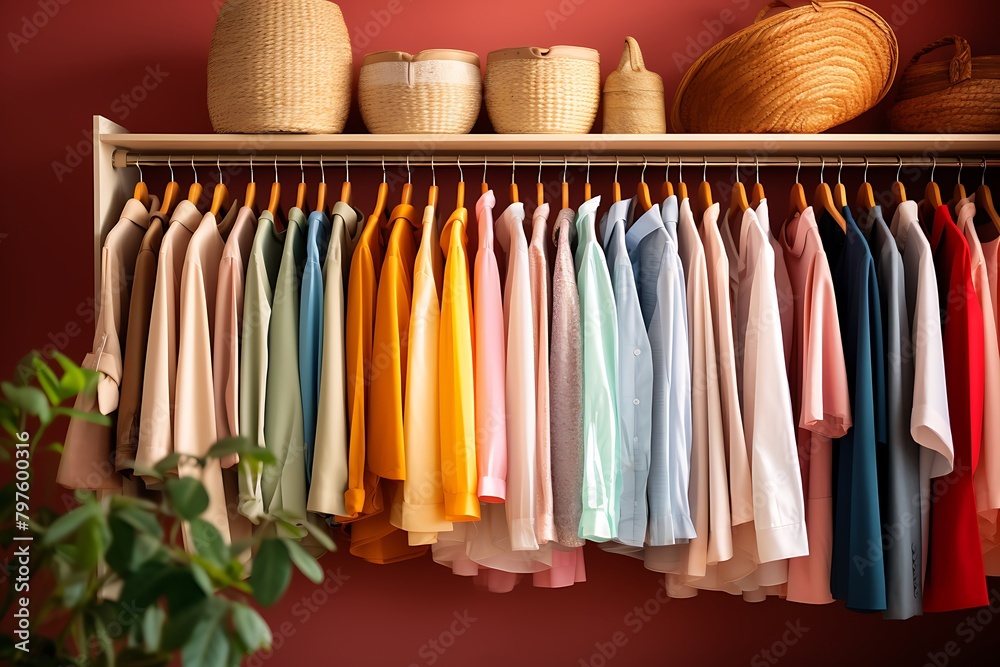 Colorful clothes hanging on rack in wardrobe, closeup. Interior design