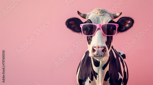 Funky cow wearing pink sunglasses on a pastel background