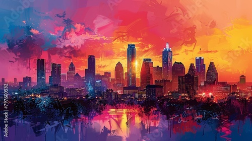 Bold strokes depict a fusion of city towers and Texan rednecks, evoking contrasts and cultural intersection. 