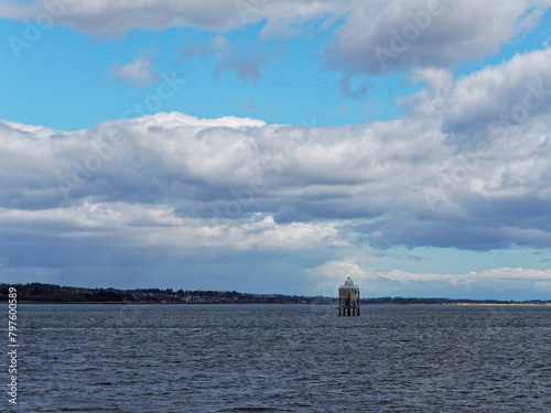 The Larrick Beacon, an example of a Pile Lighthouse with its wooden foundations bored into the sands of the Sea bed in the middle of the Tay Estuary.