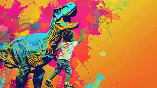 Pop art poster of child and towering dinosaur amidst backdrop of explosive colors and patterns, friendship on International Children's Day