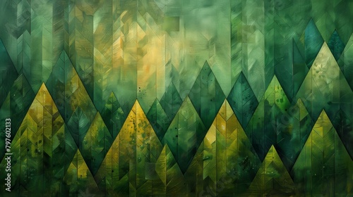 Geometric greens evoke the tranquility of a botanical garden, merging artistry with ecological sensibilities.
