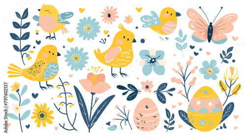 Spring elements collection - cute birds bees flowers photo