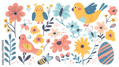 Spring elements collection - cute birds bees flowers