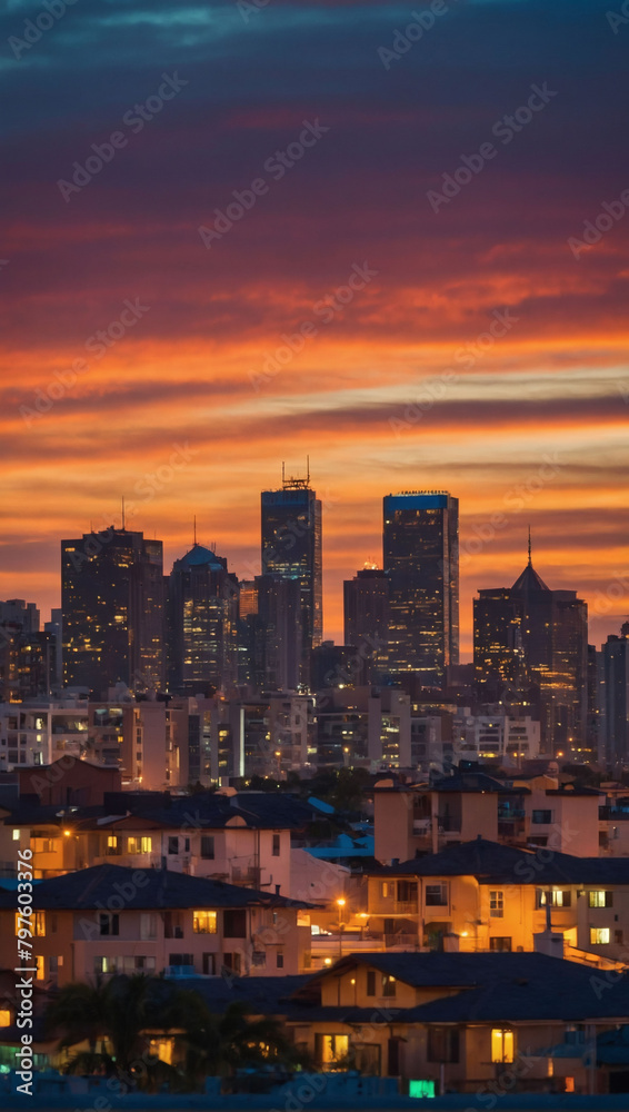 Urban skyline against the colorful hues of the setting sun.