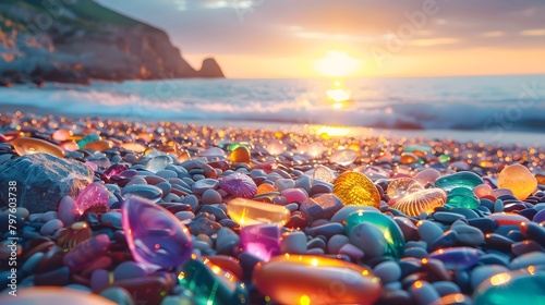 On a summer beach  colorful gemstones and multi-colored sea pebbles mingle with green and blue shiny  polished sea glass. The textured stones and glass sparkle on the seashore  creating a vivid