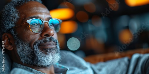 A confident african grandfather, watches TV, wearing glasses and exuding modern style and wisdom.