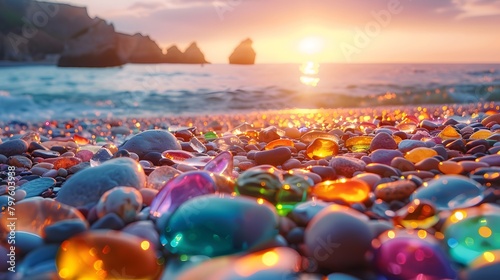On a summer beach, colorful gemstones and multi-colored sea pebbles mingle with green and blue shiny, polished sea glass. The textured stones and glass sparkle on the seashore, creating a vivid