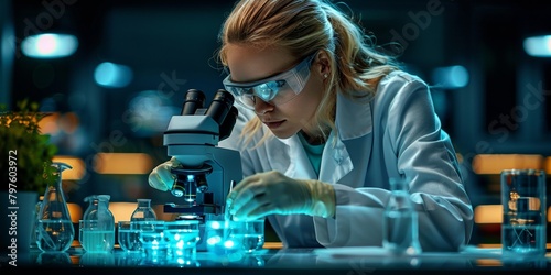 A professional blonde scientist conducts research in a laboratory  analyzing samples under a microscope.