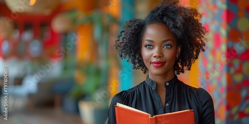 A gorgeous African lady finds joy in literature, immersed in vibrant surroundings, embracing knowledge.