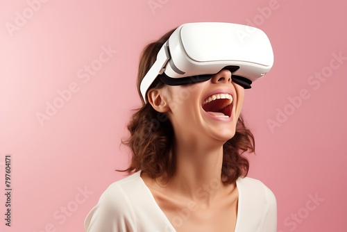 Young african american woman wearing virtual reality headset on pink background © Creative
