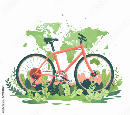 a bicycle is parked in the grass with a world map in the background