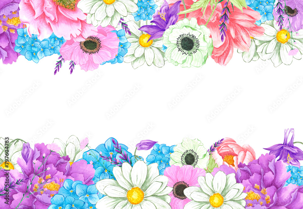 Hand drawn watercolor flowers bouquet frame border isolated on white background. Can be used for post card, label and other printed products.