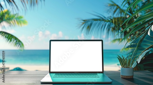 Laptop mockup, blank screen notebook mockup, background with blue sky and blue sea, 3d render