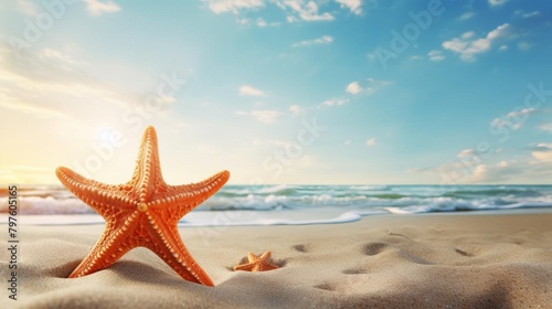 A vibrant starfish centered on a pristine sandy beach, with a clear horizon in the background, designed for use in marine biology and conservation projects, with text space