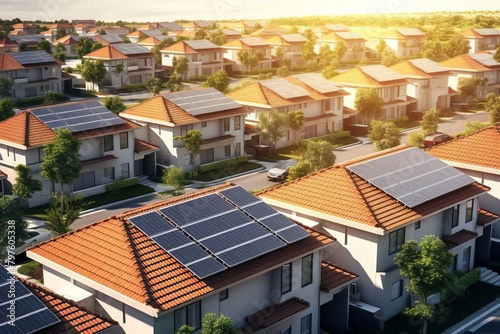 Detailed isometric 3D rendering of solar panels on residential rooftops  integrating seamlessly into a suburban neighborhood  perfect for promoting domestic solar energy use