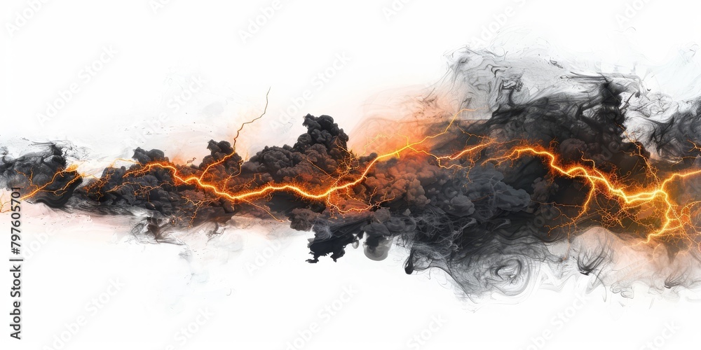 Dramatic black clouds, smoke and lightning isolated on white background. A burning sky in a horror movie. Crimson storm in apocalyptic, judgment day. High quality photo