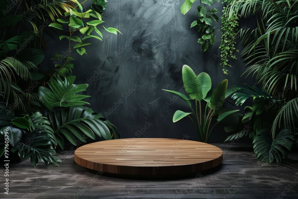 3D rendering of an empty wooden podium in a tropical jungle with large leaves 3D rendering of an empty wooden podium in a tropical jungle with large leaves