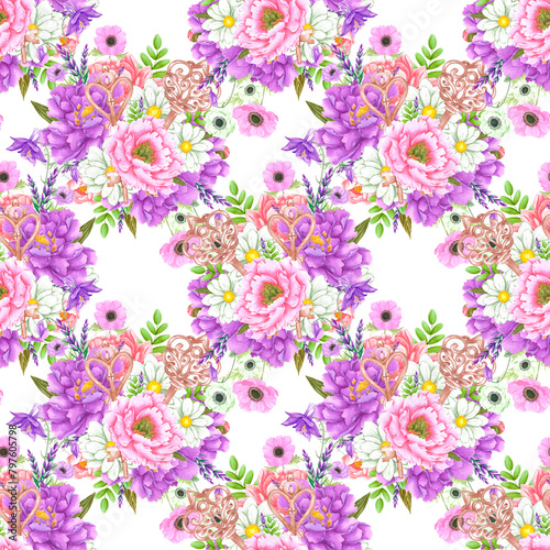 Hand drawn watercolor peony and anemone flowers bouquet seamless pattern isolated on white background. Can be used for textile, scrapbook and other printed products.