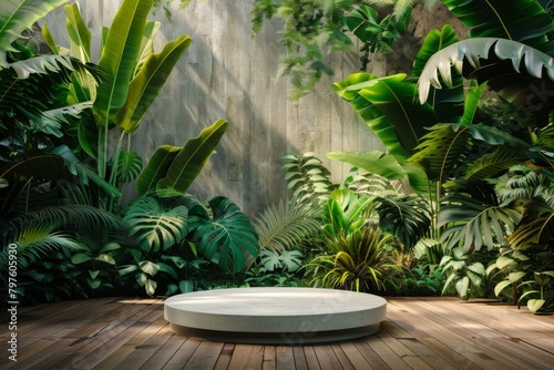 3D rendering of an empty wooden podium in a tropical jungle with large leaves