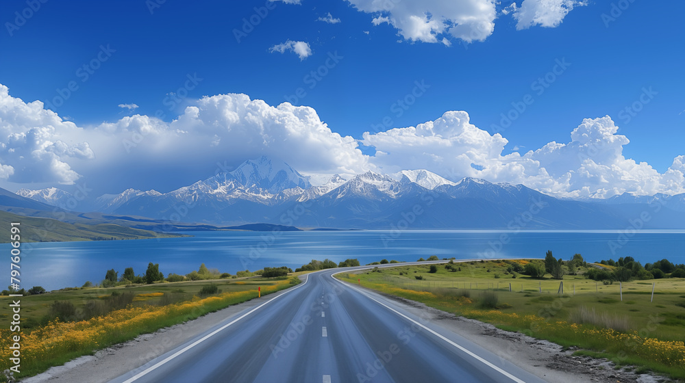 landscape of blue sky with white clouds, asphalt road