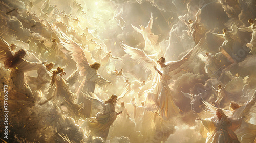 A heavenly host of angels descending from the heavens in a glorious procession, heralding the arrival of divine grace.