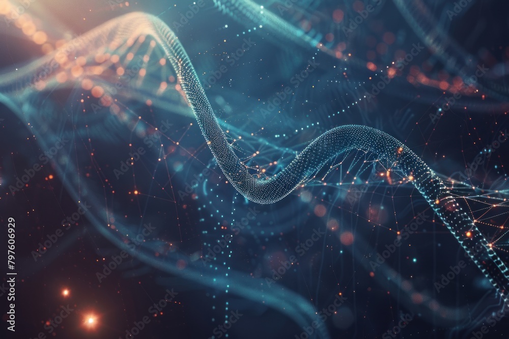 Abstract futuristic DNA background. Intricate strands of genetic code. Shimmering design.
Abstract futuristic DNA background. Intricate strands of genetic code. Shimmering design.
