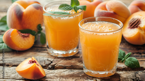 Natural peach juice and fresh fruits on wooden table, A glass filled with a refreshing beverage surrounded by ripe peaches, creating a vibrant and inviting scene