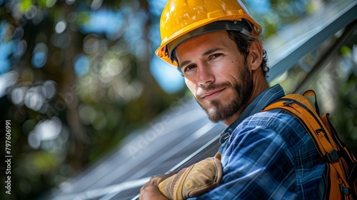 Solar engineer aligns panels, epitomizing the fusion of technology and environmental stewardship. 