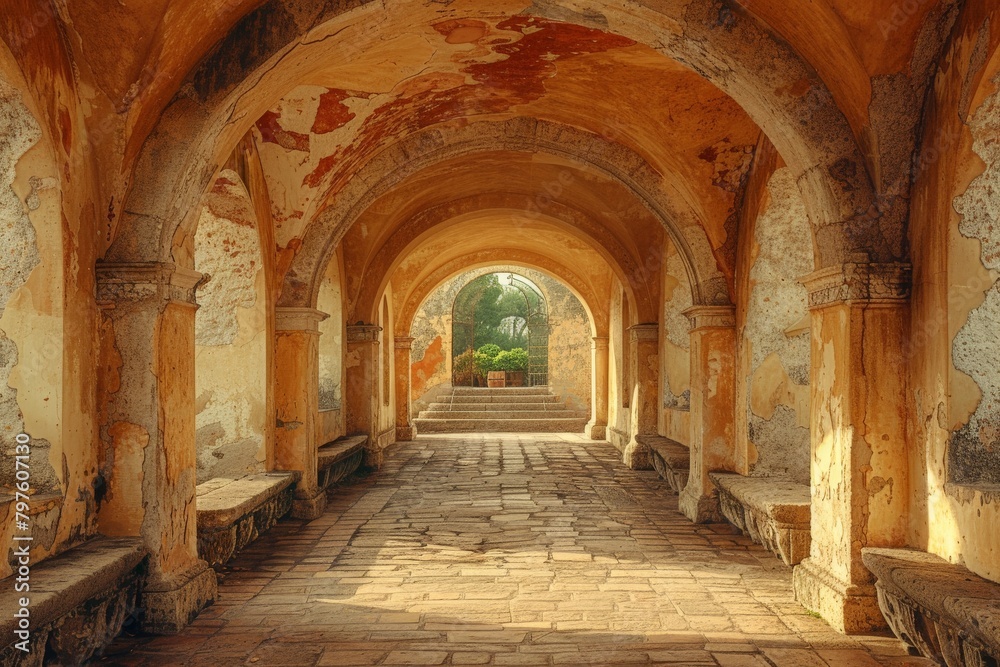 A serene and warm scene featuring an ancient, weathered archway with a view of greenery beyond, invoking a sense of history A serene and warm scene featuring an ancient, weathered archway with a view of greenery beyond, invoking a sense of history
