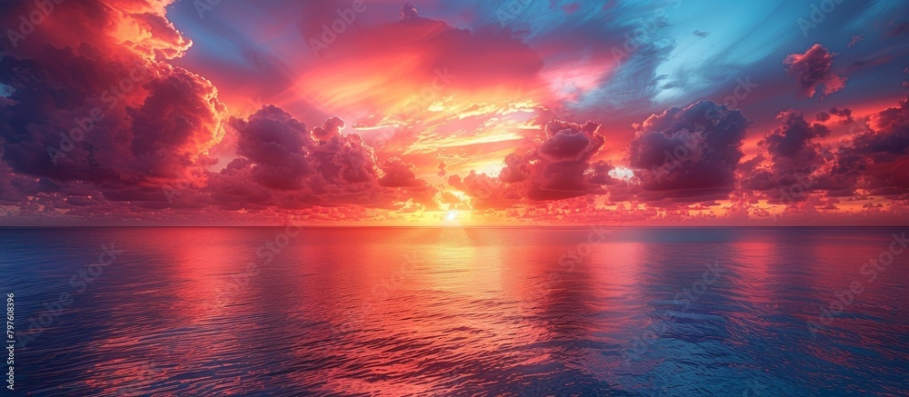 The sky transitions from shades of coral to indigo, a breathtaking canvas above the sea. The sky transitions from shades of coral to indigo, a breathtaking canvas above the sea.
