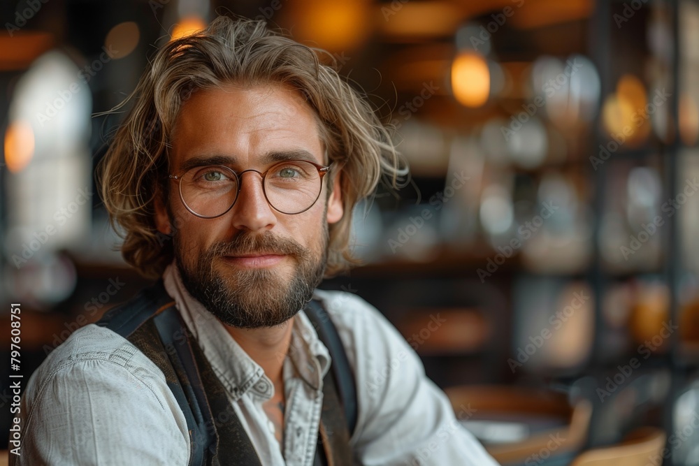Handsome man with a casual style smiling in a well-lit café setting Handsome man with a casual style smiling in a well-lit café setting