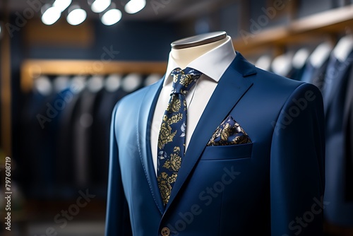 Blue suit with necktie on a mannequin in a fashion store