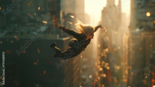 Fantasy low angle view of an exciting kid, wearing a backpack, fly in the sky with destroying and falling skyscraper building atmosphere.