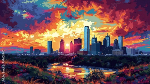 Vibrant colors merge city skyscrapers with Texan prairie life, a lively abstraction of contrasting environments.  photo