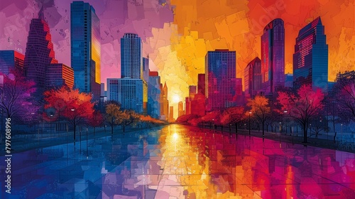 Vibrant colors merge city skyscrapers with Texan prairie life, a lively abstraction of contrasting environments. photo