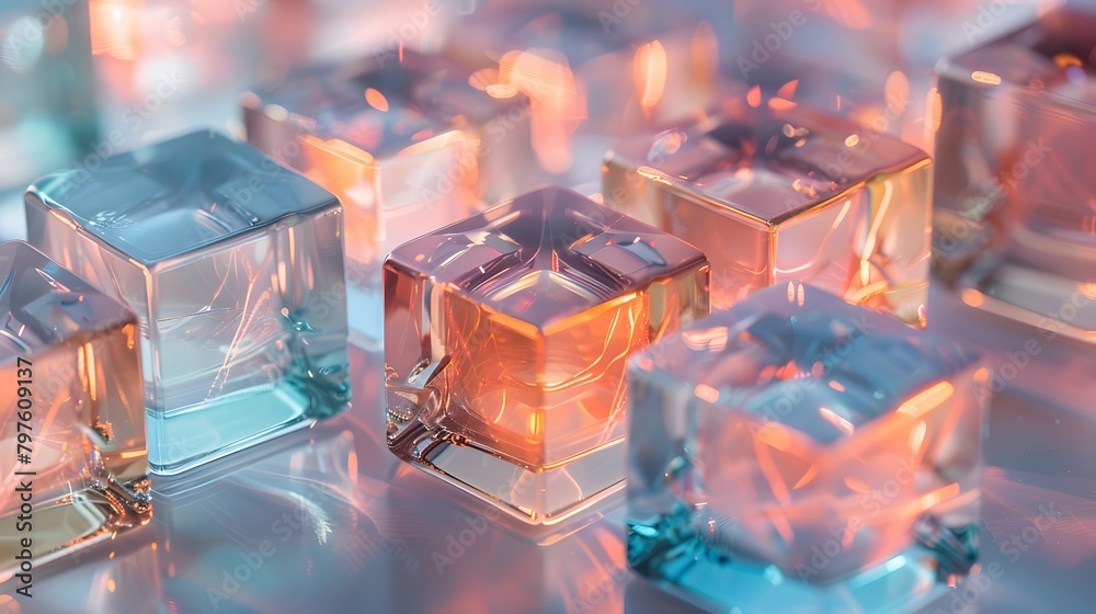 A closeup of multiple glass cubes, each with rounded corners and different colors like light blue or peach pink, arranged in an aesthetically pleasing pattern on the table. A closeup of multiple glass cubes, each with rounded corners and different colors like light blue or peach pink, arranged in an aesthetically pleasing pattern on the table.