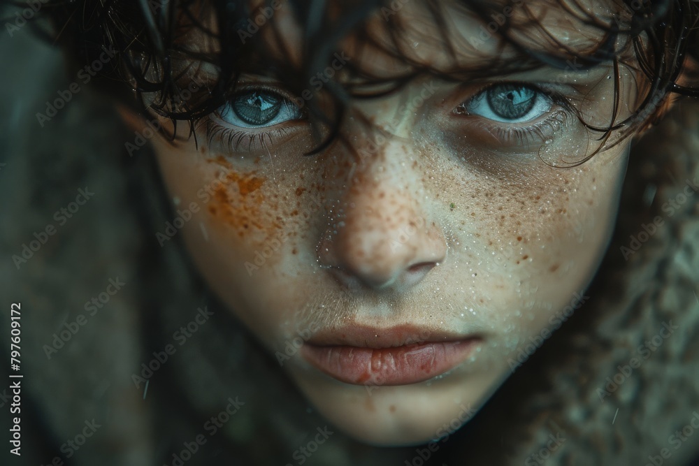 A high-quality close-up of a child's face showing detail in the eyes, freckles, and raindrops A high-quality close-up of a child's face showing detail in the eyes, freckles, and raindrops